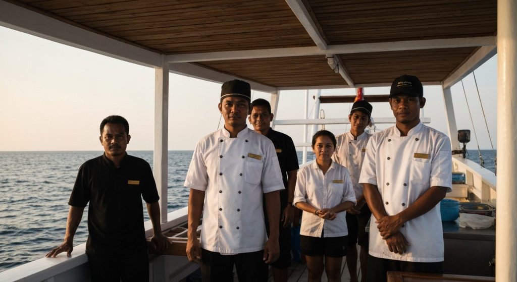 labuan bajo phinisi boat crew captain chef guide — Photorealistic editorial travel photograph relevant to: The independe