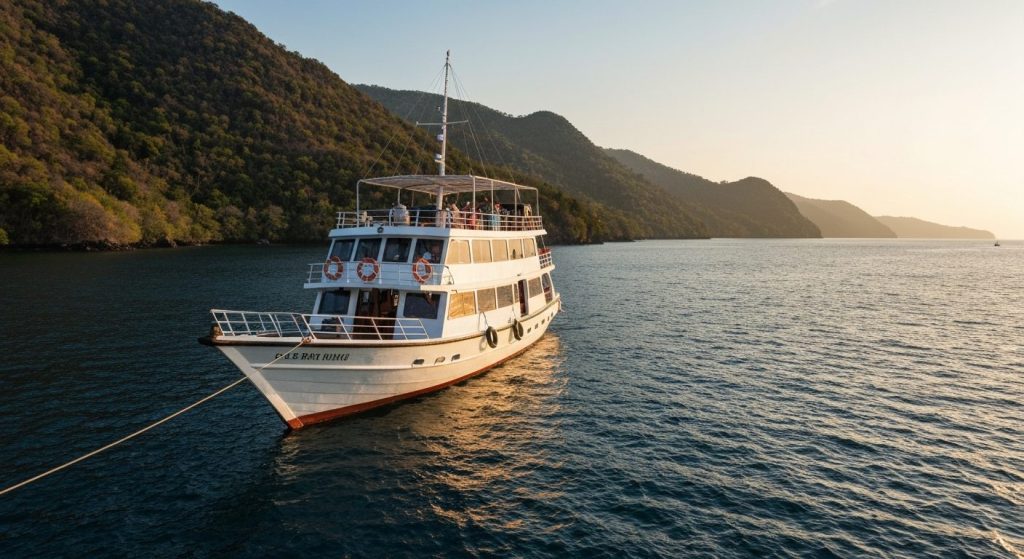 eco-friendly honeymoon phinisi komodo — Photorealistic editorial travel photograph relevant to: The independent honeymoo