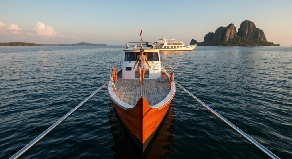 luxury honeymoon cruise komodo — Photorealistic editorial travel photograph relevant to: The independent honeymoon conci