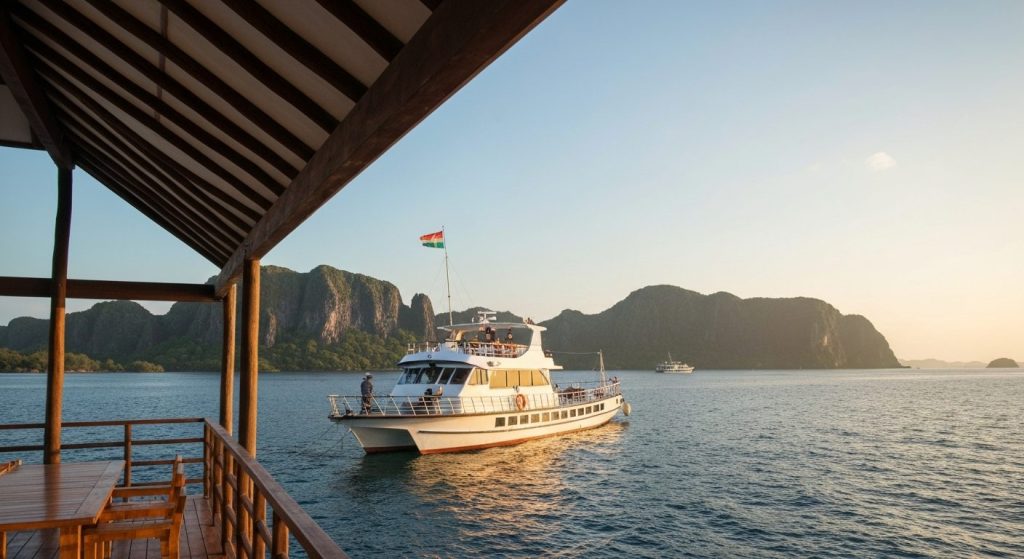 luxury honeymoon cruise komodo — Photorealistic editorial travel photograph relevant to: The independent honeymoon conci