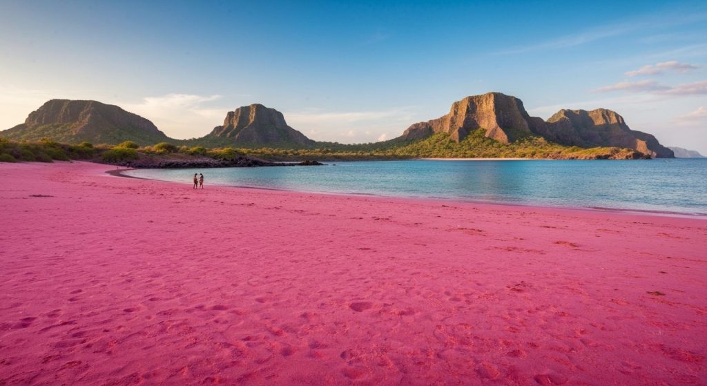 pink beach komodo — Photorealistic editorial travel photograph relevant to: The independent honeymoon concierge and edit