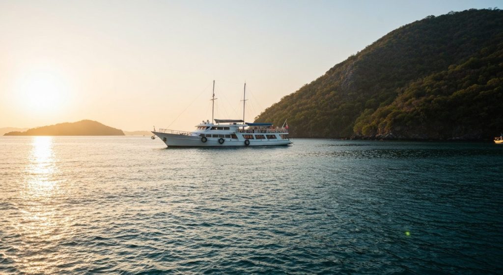 private phinisi charter komodo — Photorealistic editorial travel photograph relevant to: The independent honeymoon conci
