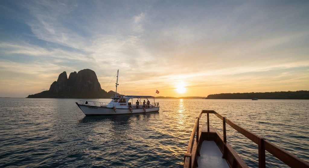 romantic sunset cruise komodo — Photorealistic editorial travel photograph relevant to: The independent honeymoon concie