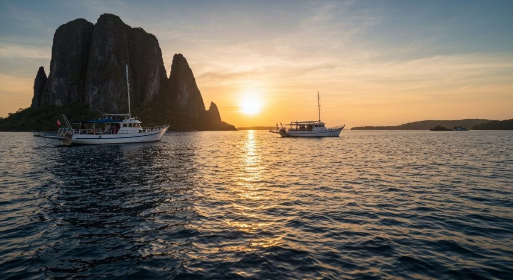 romantic sunset cruise komodo — Photorealistic editorial travel photograph relevant to: The independent honeymoon concie